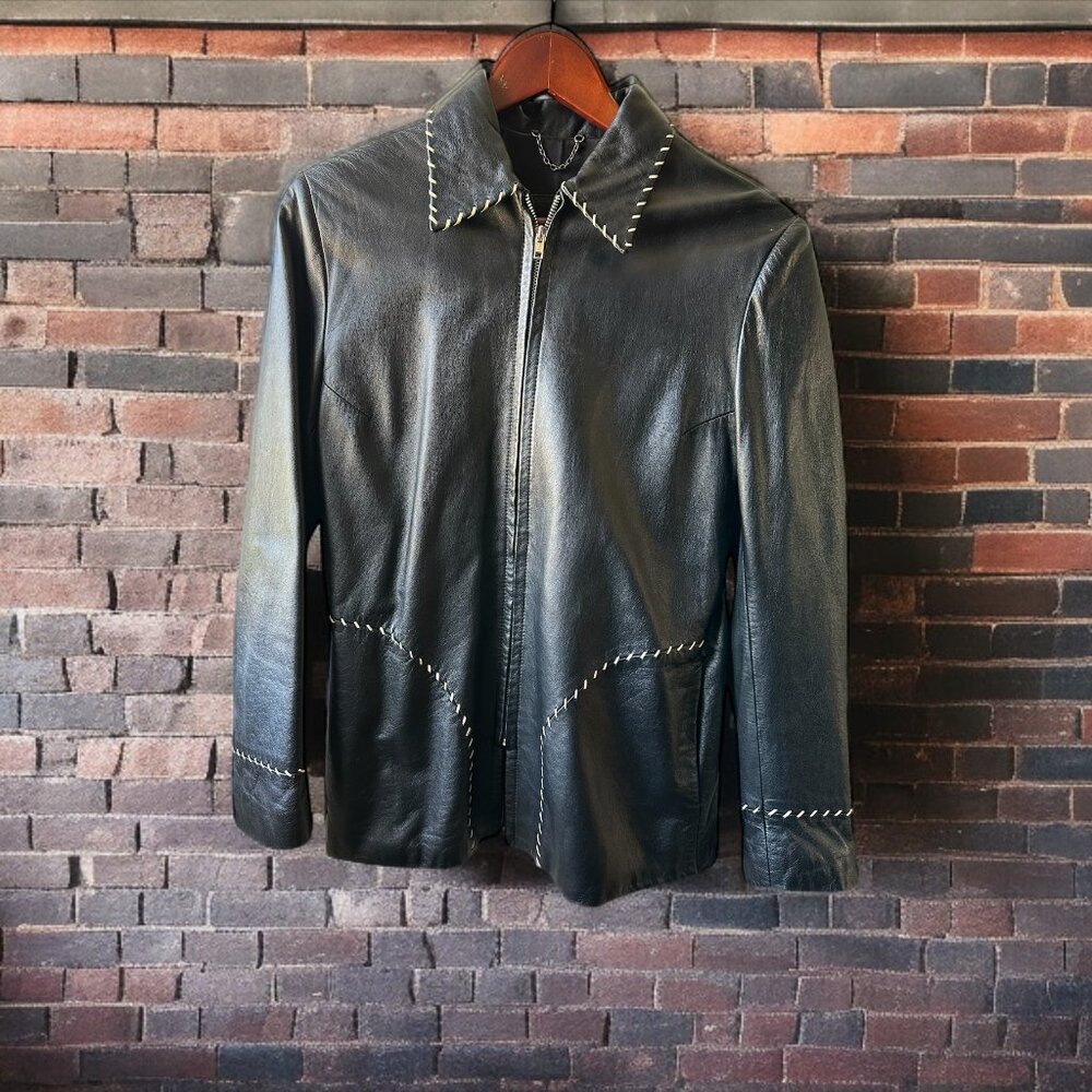 Christian Lacroix Vintage Original Lambskin Leather Zip Up Black womens Jacket S